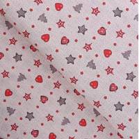 Obrázok ku produktu BAVLNENÁ LÁTKA vianočná malé srdiečka stromčeky hviezdy béžová červená