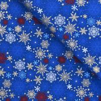 Obrázok ku produktu BAVLNENÁ LÁTKA vianočná vločky zlatá biela červená na modrom